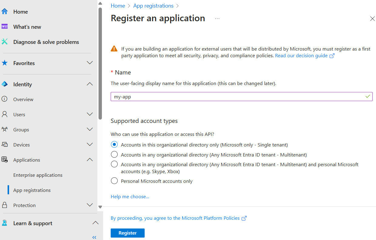 Screenshot dell'interfaccia di amministrazione di Microsoft Entra che mostra la pagina Registrazioni app.