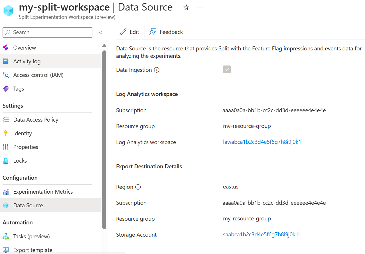 Screenshot del portale di Azure che mostra la fonte dati usata per la sperimentazione.