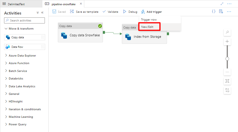 Screenshot che mostra come aggiungere un nuovo trigger per una pipeline in Data Factory da eseguire per Snowflake.