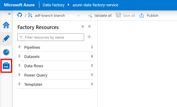 Screenshot che mostra come scegliere l'icona Gestisci in Azure Data Factory per configurare il servizio collegato Snowflake.