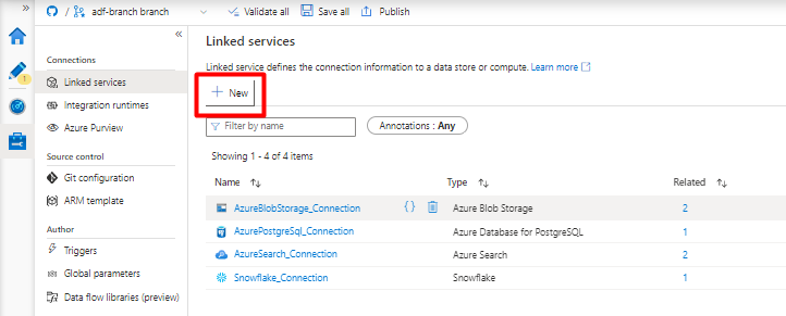 Screenshot che mostra come scegliere Nuovo servizio collegato in Azure Data Factory.