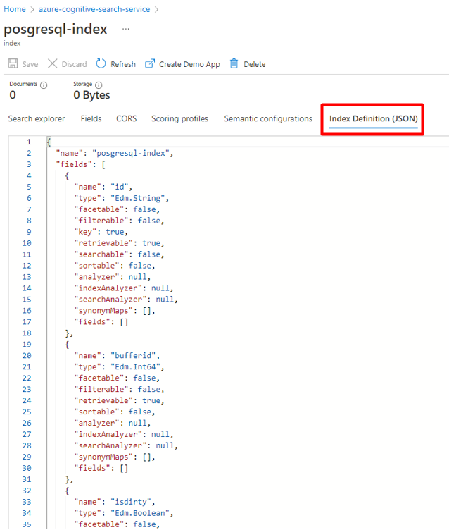 Screenshot che mostra come copiare la configurazione JSON dell'indice Ricerca cognitiva di Azure esistente.