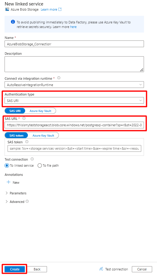 Screenshot che mostra come compilare il modulo Nuovo servizio ricerca collegato in Azure Data Factory con le relative proprietà da importare da PostgreSQL.