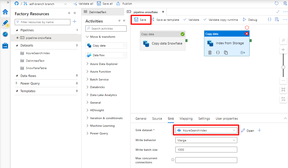 Screenshot che mostra come configurare il sink in una pipeline per importare dati dall'archivio BLOB a Ricerca cognitiva di Azure indice come passaggio finale dalla pipeline.