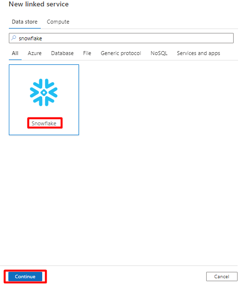 Screenshot che mostra come scegliere il riquadro Snowflake nel nuovo archivio dati del servizio collegato.