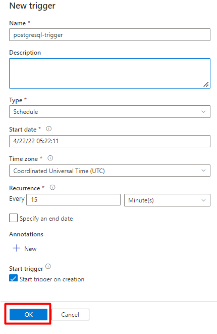 Screenshot che mostra come configurare un trigger per eseguire una pipeline in Data Factory.