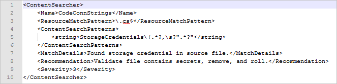 XML che mostra la configurazione di Credential Scanner