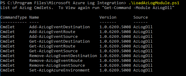 Screenshot dell'output del comando LoadAzlogModule.ps1