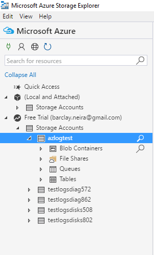 Screenshot degli account di archiviazione in Storage Explorer