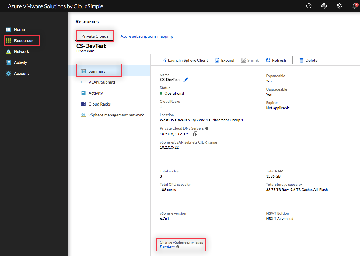 Modificare i privilegi di vSphere