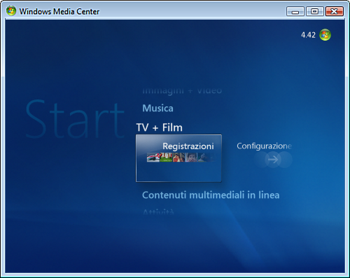 Schermata di Windows Media Center