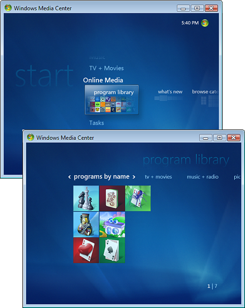 Schermate di Windows Media Center