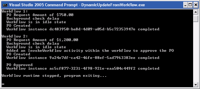 Output dell'esempio di aggiornamento dinamico