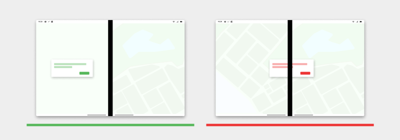 Diagram shows alerts and dialogs placed in the center of a screen in order to avoid the hinge.