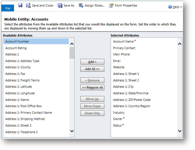 Editor di moduli per dispositivi mobili in Dynamics CRM