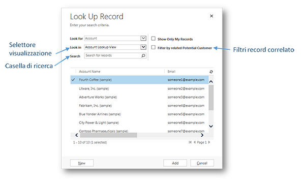 Elementi della finestra di tipo lookup in Dynamics CRM