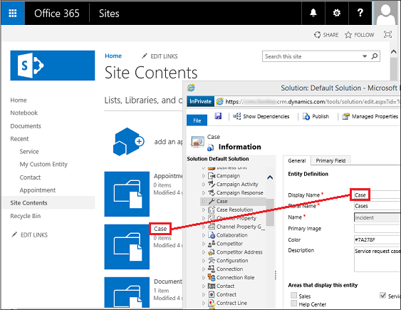 Nome della raccolta di SharePoint e nome visualizzato dell'entità