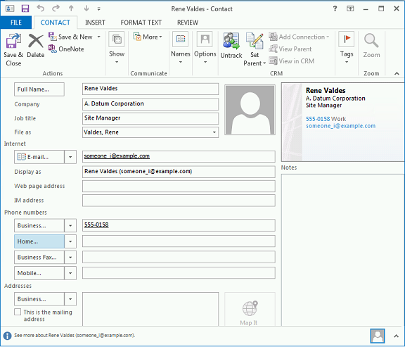 Modulo del contatto Rene Valdes in Dynamics CRM