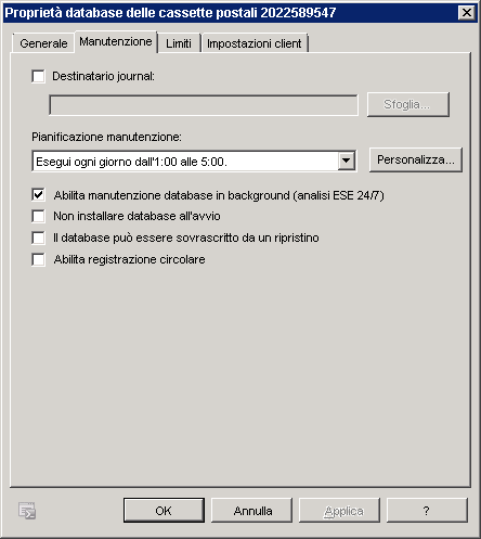 Abilitare la manutenzione dei database in background