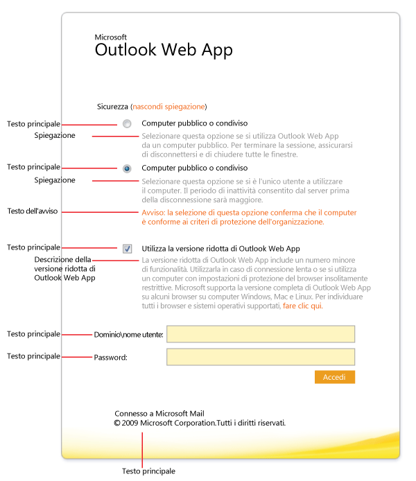 Opzioni di testo della pagina di accesso di Outlook Web App