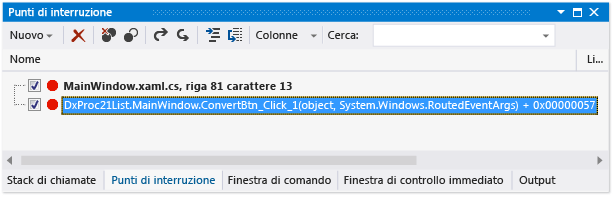 Punto di interruzione stack di chiamate nella finestra Punti di interruzione