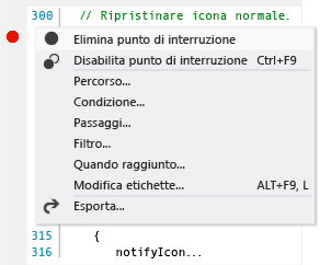 Menu di scelta rapida Punto di interruzione