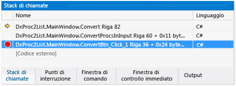 Punto di interruzione nella finestra Stack di chiamate
