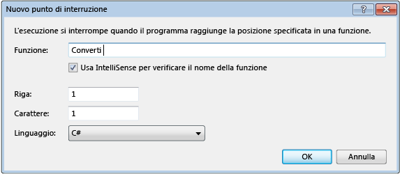 Finestra di dialogo Nuovo punto di interruzione