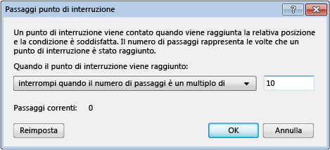 Finestra di dialogo Passaggi punto di interruzione