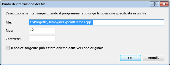 Finestra di dialogo Punto di interruzione del file