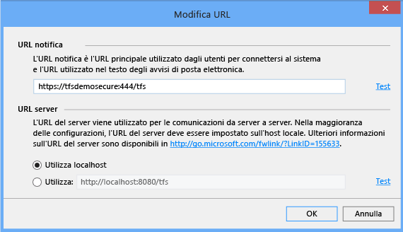 Specificare HTTPS, server e porta nell'indirizzo