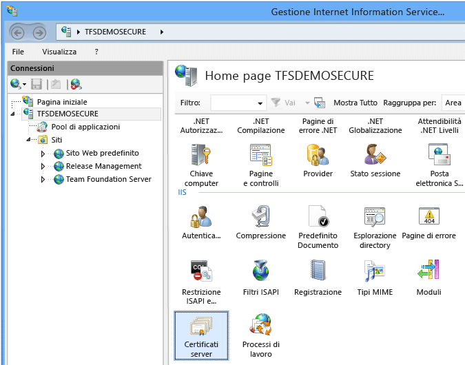 Aprire Gestione IIS e richiedere un certificato