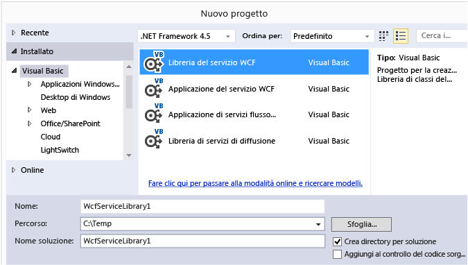Progetto della libreria di servizi WCF
