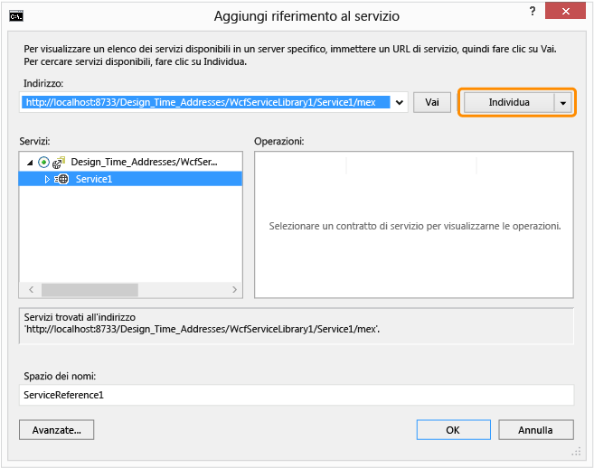 Finestra di dialogo Aggiungi riferimento al servizio
