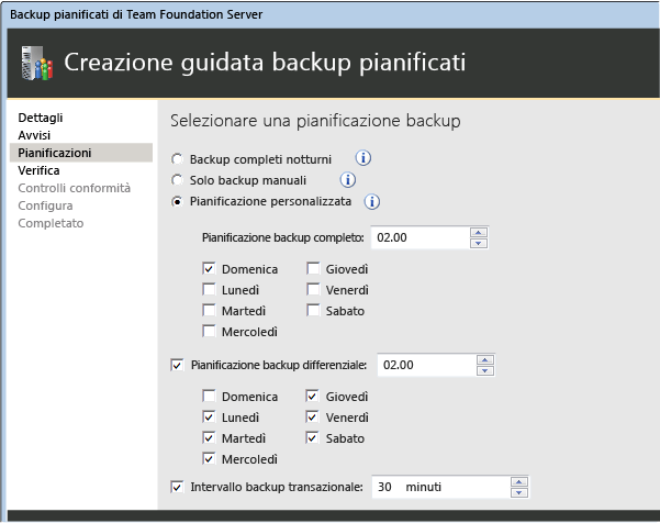 Scegliere una pianificazione preconfigurata o personalizzata