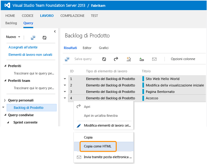 Copiare come HTML gli elementi di lavoro selezionati