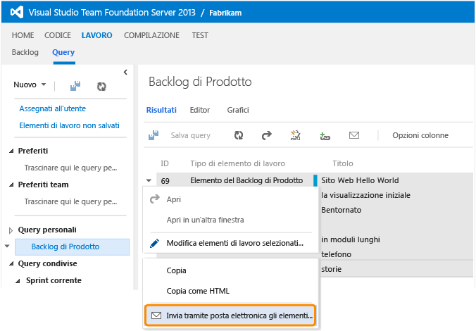 Inviare tramite posta elettronica gli elementi di lavoro selezionati