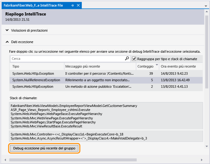 Avviare il debug da un evento di eccezione