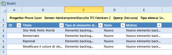 Aggiungere elementi di lavoro a Excel