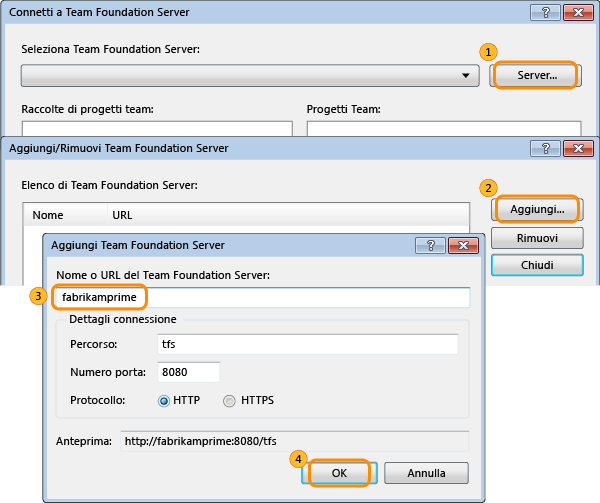 Servers button on the Connect to Team Foundation Server dialog box. Add button on the Add/Remove TFS. Name of server in the Add TFS dialog box. OK button.