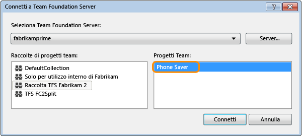 Connect to Team Foundation Server dialog box