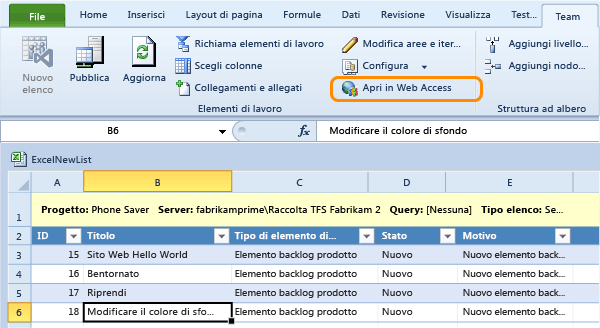 Aprire un elemento di lavoro in TWA da Excel