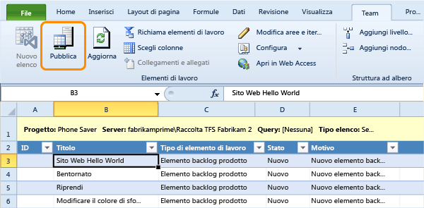 Pubblicare elementi di lavoro da Excel in TFS