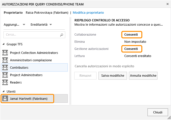 Finestra di dialogo Autorizzazioni per una query