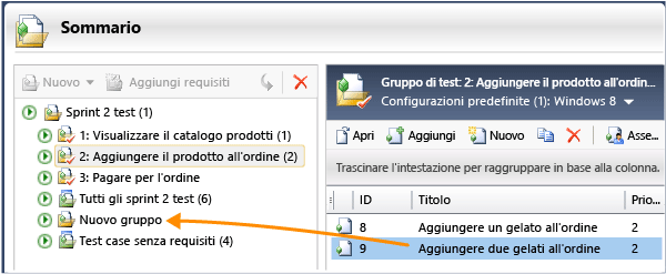 Trascinare i test case da un gruppo a un altro