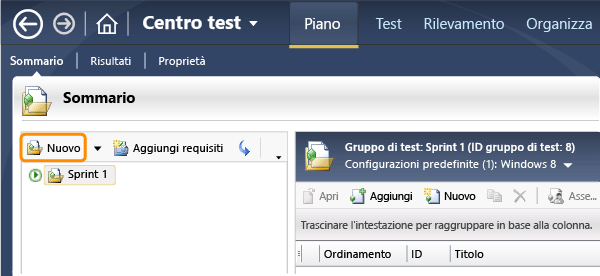 Creazione di un nuovo gruppo di test