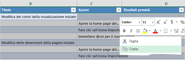 Salvare i test case copiati nella visualizzazione griglia