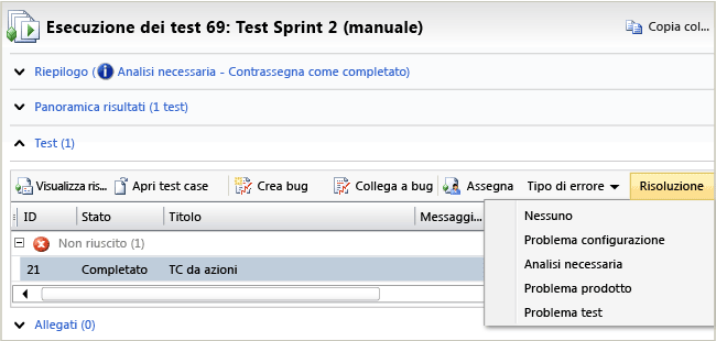 Pagina Analizza esecuzioni dei test in MTM