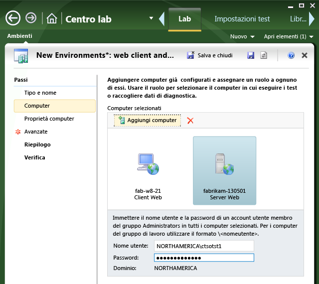 La scheda Computer nella procedura guidata Nuovo ambiente.