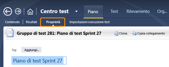 Selezionare il piano di test e scegliere la scheda Proprietà